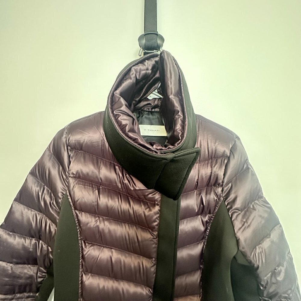 EUC T Tahari Down Jacket Asymmetrical Front Zipper - Size M - Purple/Black - Picture 7 of 12